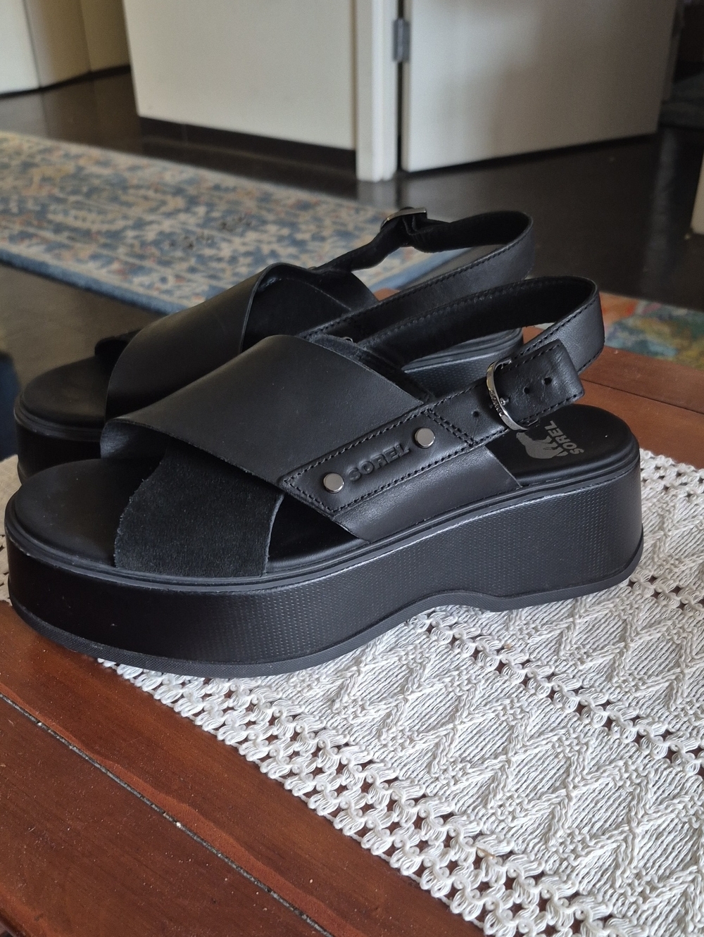 Sorel Black Platform Slingback Sandals